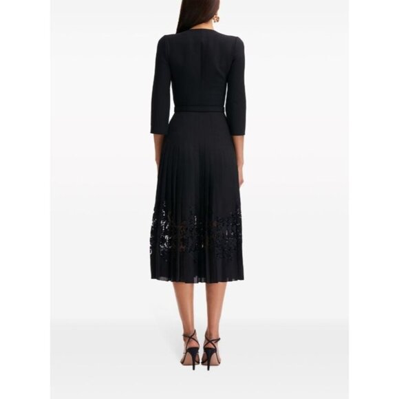 Oscar de la Renta Pleated Chiffon & Guipure Inset black Dress Size 2 - Picture 3 of 14